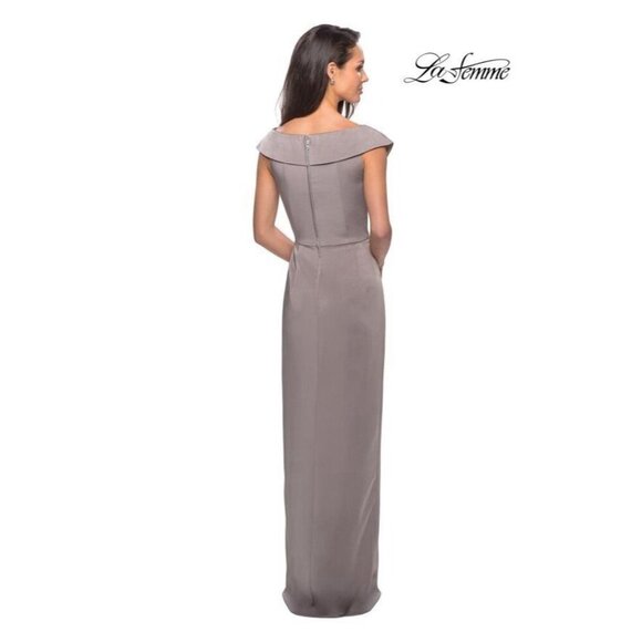 La Femme Size 14 Gray 25206 Surplice Off the Shoulder Column Cocktail Gown Dress - Picture 3 of 12